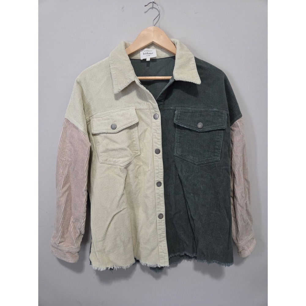 Bohme Colorblock Corduroy Shacket Green Cream Mauve Raw Hem WJ33661 Womens M